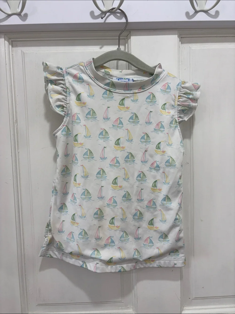 Girls' White Sailboat Print Ruffle Swim Top